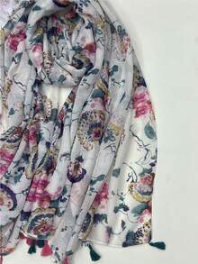 1條花卉印花甜美&年輕&清新&優雅&有感染力的女士圍巾 - 白色 - 查看 6