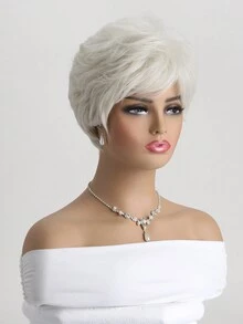 女士時尚10吋白色短卷毛&鬆軟合成纖維帶劉海假髮,適合日常穿著 - 白色 - 查看 4