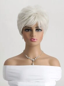 女士時尚10吋白色短卷毛&鬆軟合成纖維帶劉海假髮,適合日常穿著 - 白色 - 查看 3