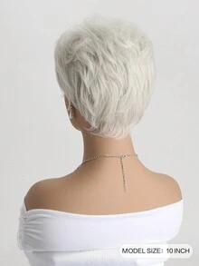 女士時尚10吋白色短卷毛&鬆軟合成纖維帶劉海假髮,適合日常穿著 - 白色 - 查看 7
