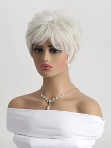 女士時尚10吋白色短卷毛&鬆軟合成纖維帶劉海假髮,適合日常穿著 - 白色 - 查看 6