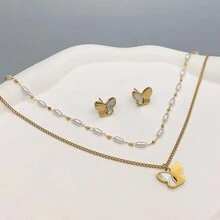 3pcs/Set Fashionable Double Layered Stainless Steel Shell Butterfly Pearl Necklace & Earrings Set, Great For Birthday, Festival, Date, Dance Party - Yellow Gold - View 5