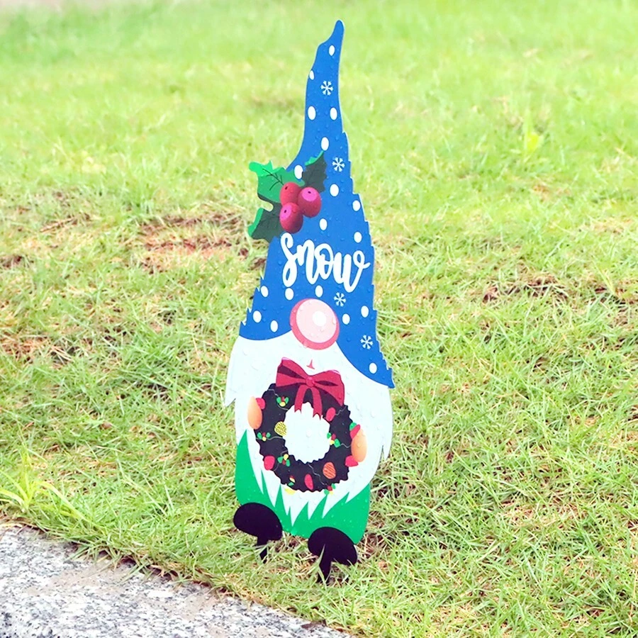 美式戶外鐵製聖誕花朵插入地面,院落景觀裝飾花園裝飾品,聖誕老人拿禮物 - 彩色 - 查看 1