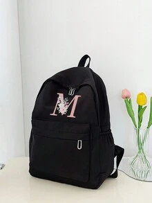 Letter M And Flower Pattern Backpack,Fashion Versatile Bag,Students Schoolbag, Students Commuter Bag For Daily Use, Outdoor Travel Bag, Lightweight Portable Backpack, Travel Essentials, Lightweight  Storage Bag, Suitable For Business Trips, Personal Travel, And Gifts For Family And Friends - Black - View 3