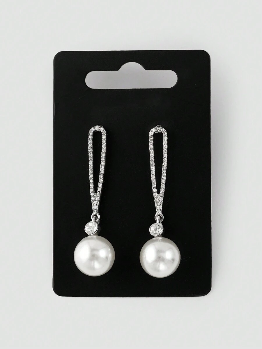 1對女性用珍珠吊墜休閒裝飾耳環,適合外出佩戴 - 銀色 - 查看 1