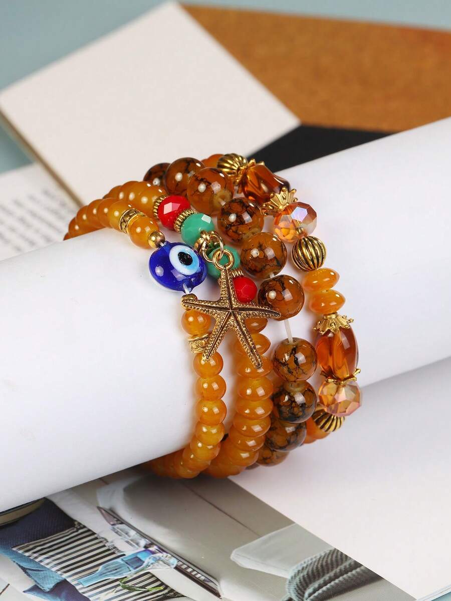 4 件/套波西米亞風格海星和眼睛設計多層手鍊帶珠子和鬆緊繩首飾 - 黃色 - 查看 1