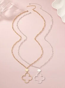 1pc Fashionable Simple Elegant Hollow Out Lucky Clover Pendant Necklace, Cold Tone - Clover - View 3