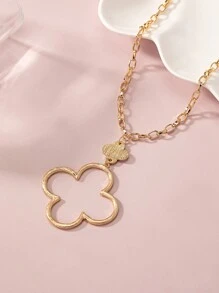 1pc Fashionable Simple Elegant Hollow Out Lucky Clover Pendant Necklace, Cold Tone - Clover - View 1