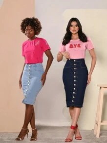 Women Denim Skirts - 中等水洗藍 - 查看 1