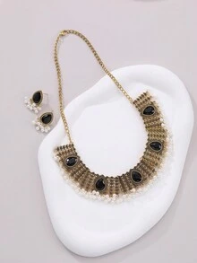 MESTILO 3pcs/Set Vintage Metal & Faux Pearl Teardrop Shaped Tassel Necklace And Earrings Set, Suitable For Women's Daily Wear And Festival Occasions - Multicolor - View 4