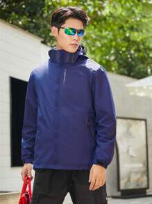 男士可拆式3合1戶外秋冬運動防風帽夾克 - 藏蓝色 - 查看 2