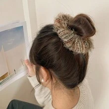 1pc Women's Sweet Woolen Hair Tie Knit Rainbow Plush  Ring Hair Accessory With Lace Bowknot Elastic Band - Multicolor - View 1