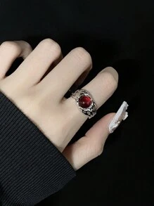 1個紅色瑪瑙復古簡約設計ins風格高端簡單花瓣形寶石戒指 - 紅色 - 查看 2