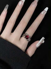 1個紅色瑪瑙復古簡約設計ins風格高端簡單花瓣形寶石戒指 - 紅色 - 查看 3