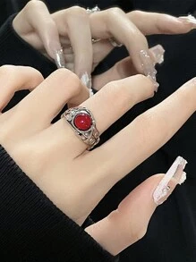 1個紅色瑪瑙復古簡約設計ins風格高端簡單花瓣形寶石戒指 - 紅色 - 查看 1
