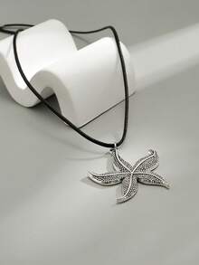 1pc Personalized Asymmetrical Starfish Pendant Necklace, Beach Ocean Style, Adjustable Pu Leather Cord, Suitable For Men'S Daily Wear - Multicolor - View 1