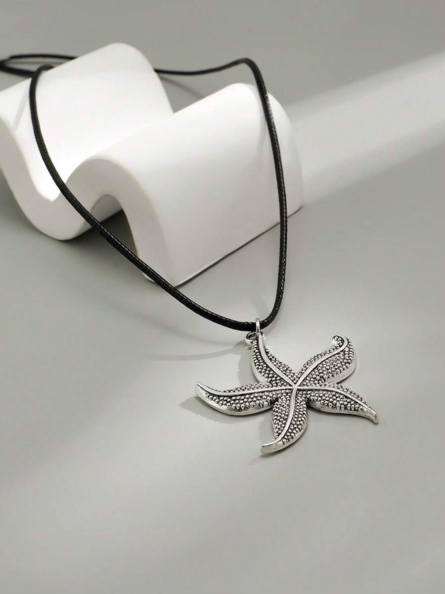 1pc Personalized Asymmetrical Starfish Pendant Necklace, Beach Ocean Style, Adjustable Pu Leather Cord, Suitable For Men'S Daily Wear - Multicolor - View 1