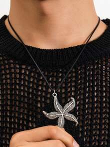 1pc Personalized Asymmetrical Starfish Pendant Necklace, Beach Ocean Style, Adjustable Pu Leather Cord, Suitable For Men'S Daily Wear - Multicolor - View 2