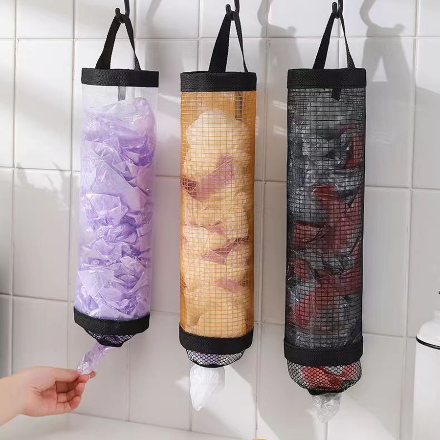 Multifunctional Hanging Garbage Bag Storage Bag, Kitchen Wall-Mounted Pull-Out Plastic Bag Collector, Storage Organizer Net Bag Dispenser