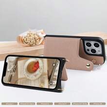 Korean Style Phone Case, Faux Leather Phone Protective Cover With Strap & Mirror, Compatible With Iphone 11 13 14 15 - Apricot Pink - View 2