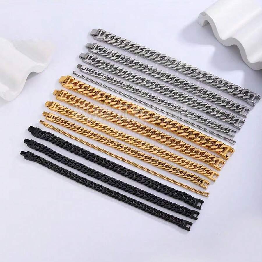 PMKMKM 1條簡約時尚的黑色鈦鋼雙編織手鍊,18k鍍金,手工鍊式珠寶飾品 - 黑色 - 查看 1