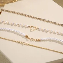 4pcs/Set Women's Cross-Border New Style Creative Retro Pearl & Rhinestone Bracelet Set With Hollow Heart Shaped & Waterdrop Stone Inlay - Yellow Gold - View 5