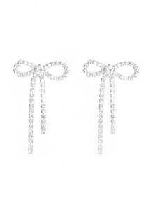 Retro Shining Tassel Club Bowknot Crystal Rhinestone Earrings Stud Wedding Party Graduation Jewelry 1 Pair - Silver - View 3