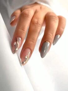 24枚中號杏仁灰色假指甲,花卉設計閃耀光澤貼式假指甲,含指甲膠,適用於女性和女孩 - 彩色 - 查看 1