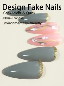 24枚中號杏仁灰色假指甲,花卉設計閃耀光澤貼式假指甲,含指甲膠,適用於女性和女孩 - 彩色 - 查看 4