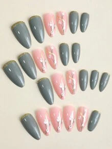 24枚中號杏仁灰色假指甲,花卉設計閃耀光澤貼式假指甲,含指甲膠,適用於女性和女孩 - 彩色 - 查看 3