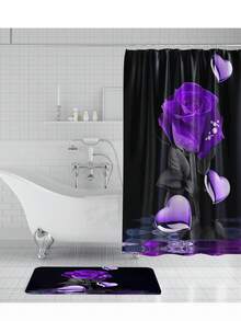 4pcs/Set Floral Printed Shower Curtain And Bathroom Mat Set, With 12 Hooks, For Bathroom Seat, Anti-Slip Mat, Waterproof Curtains, Home Bathroom Decor Accessories - Multicolor - View 4