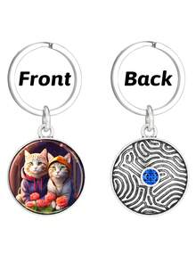 1pc Cute Couple Cat Keychain&Keychain Wristband Wallet With Shiny Royal Blue Rhinestone 30mm Glass Sticker Vintage Keychain On Back Birthday Gift For Boyfriend Girlfriend - Royal Blue - View 3