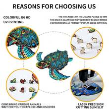 成人拼圖玩具,a3尺寸,300塊木製動物拼圖,蝎子、豹、海龜形狀的動物拼圖,教育積木玩具 - 軍綠色 - 查看 4