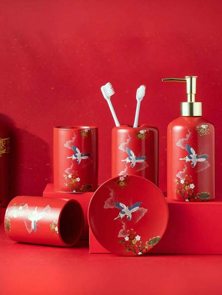 5入組傳統風格浴室套裝,包含陶瓷漱口杯、牙刷架、乳液瓶、肥皂盤,並附贈禮盒 - 酒紅色 - 查看 1