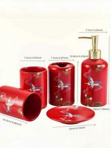 5入組傳統風格浴室套裝,包含陶瓷漱口杯、牙刷架、乳液瓶、肥皂盤,並附贈禮盒 - 酒紅色 - 查看 2