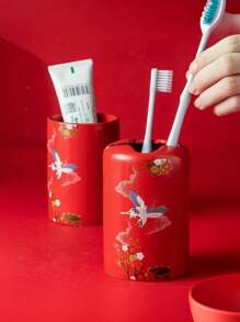 5入組傳統風格浴室套裝,包含陶瓷漱口杯、牙刷架、乳液瓶、肥皂盤,並附贈禮盒 - 酒紅色 - 查看 3