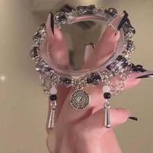 1pc Creative & High-End Geometric Color Blocking Ice Crack Patterned Tassel Pendant Adjustable Bracelet For Women, Birthday/Everyday Gift - Multicolor - View 3