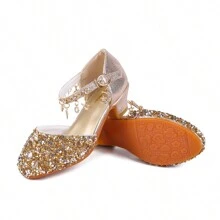 Girls Princess Shoes Sequins Sweet Bows High Heels Wedding Party Dress Shoes Dance Bright Diamond Cosplay Christmas Festival Shoes Pink Blue Purple Gold Silver - 金色 - 查看 8