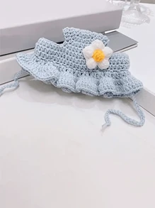 Sombrero de gato suave y lindo de otoño nuevo, disfraz de mascota con forma de flor azul de ganchillo, adorable gorra de gato - Azul - Ver 7