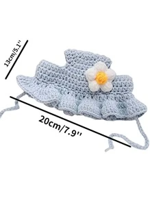 Sombrero de gato suave y lindo de otoño nuevo, disfraz de mascota con forma de flor azul de ganchillo, adorable gorra de gato - Azul - Ver 2