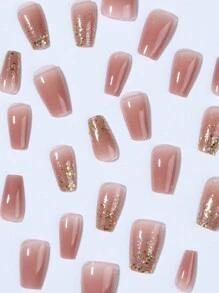 24片装按压式美甲贴片，短款棺材形渐变闪粉设计，可重复使用软胶美甲贴片，12种尺寸，包含1瓶果冻胶和1把指甲锉，适合女性和女孩使用。 - 彩色 - 查看 2