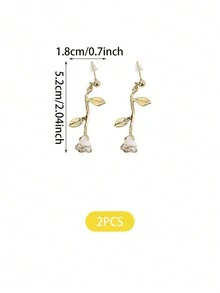 1pair Vintage Elegant Alloy Drip Oil White Rose & Leaf Design Long Earrings For Women - White - View 5