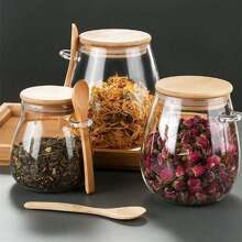 [350ml Small Size With Wooden Spoon] Glass Food Storage Jar Sugar Bowl Tea Jar With Airtight Lid And Spoon, Transparent With Large Capacity, Sealed Container With Lid For Grains, Snacks, Tea And Other Storage - Clear - View 2