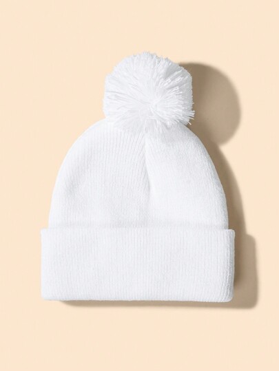 1pc White Knitted Hat With Pom Pom For Baby Boys, Girls, Children, Y2k Minimalist Style Winter Beanie, Suitable For Outdoor Activities And Daily Commute