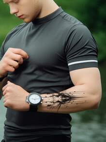 1入精美圖案刺青貼紙,防水持久,適用於男性手臂 - 黑色 - 查看 4