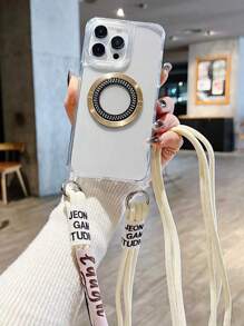 Transparent Electroplating Cd Pattern Inlaid Rhinestone Universal Magnetic Adsorption Acrylic Woven Durable Thick Adjustble Crossbody Hanging Rope New Anti-Fall Phone Case Protective Cover - Beige - View 1