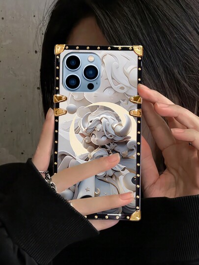 1pc White Cartoon Character Rectangle Fashionable Anti-Fall Phone Case Compatible With Iphone 15 Pro Max