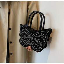 可愛卡通蝴蝶造型設計水鑽手提包皮夾豪華鏈條斜背包女式有趣單肩包情人節禮物 - 黑色 - 查看 4