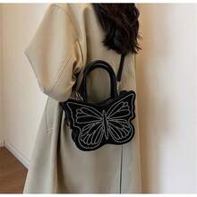 可愛卡通蝴蝶造型設計水鑽手提包皮夾豪華鏈條斜背包女式有趣單肩包情人節禮物 - 黑色 - 查看 7