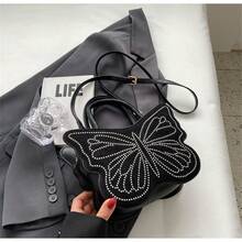 可愛卡通蝴蝶造型設計水鑽手提包皮夾豪華鏈條斜背包女式有趣單肩包情人節禮物 - 黑色 - 查看 5